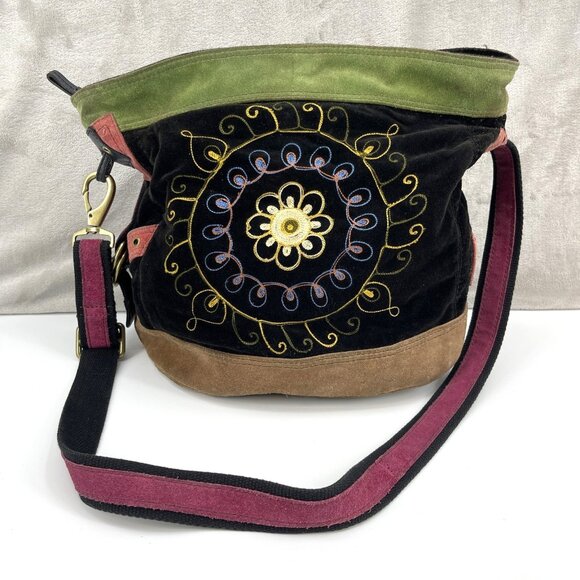 Lucky Brand Vintage Velvet and Suede Embroidered Boho Large Shoulder Bucket Bag - Picture 1 of 16